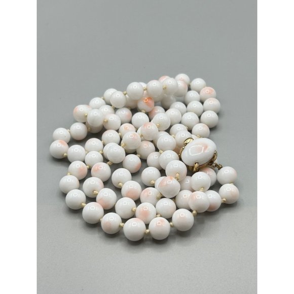 Signed TRIFARI Faux Angel Skin Coral Necklace Glass Beads Hand Knotted Strand - Picture 2 of 13